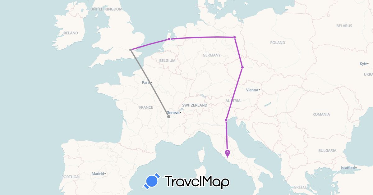 TravelMap itinerary: driving, plane, train in Czech Republic, Germany, France, United Kingdom, Italy, Netherlands (Europe)